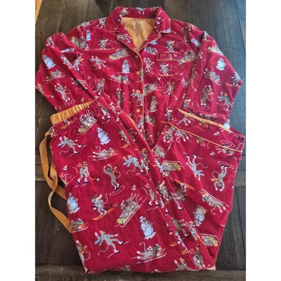 Nick & Nora Red Pajama Set Skiing Sock Monkeys Size M - Picture 6 of 7